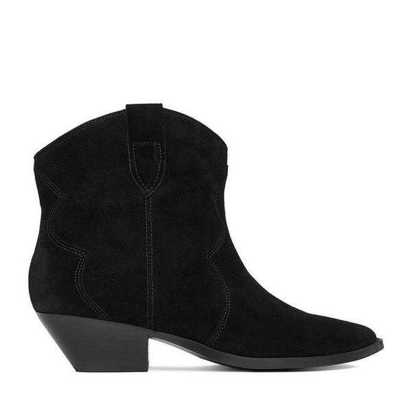 Kowbojki Badura. Czarne botki Badura, bez wzorów, bez obcasa, na słupku, bez zapięcia. Za 299.99 zł.