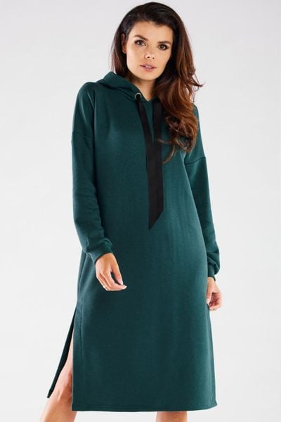 Bluzowa sukienka z kapturem bawełna premium zielona. Zielone sukienki Infinite You, na co dzień, na jesień, m, bez wzorów, z bawełny, eleganckie, bez kołnierzyka, bez ramiączek, midi, oversize. Za 289.00 zł.