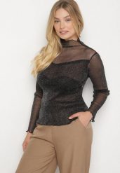 Czarna Siateczkowa Bluzka z Długimi Rękawami i Golfem z Metaliczną Nicią Azisa. Czarne golfy Born2be, l, bez wzorów, z jeansu, bez ramiączek. Za 59.99 zł.