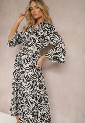 Czarno-Biała Sukienka Maxi z Falbanką z Guzikami i Liściastym Wzorem Polka. Czarne sukienki Renee, l, bez wzorów, eleganckie, bez kołnierzyka, bez ramiączek, maxi. Za 69.99 zł.