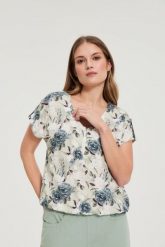 Koszula z wiskozy w kwiaty oliwkowa. Zielone koszule MOODO, bez wzorów, z wiskozy, bez kołnierzyka, bez ramiączek. Za 89.99 zł.