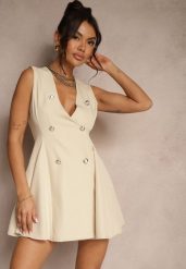 Beżowa Sukienka o Rozkloszowanym Kroju z Guzikami Tallisca. Brązowe sukienki Renee, m, bez wzorów, eleganckie, bez kołnierzyka, bez ramiączek, mini, rozkloszowane. Za 89.99 zł.