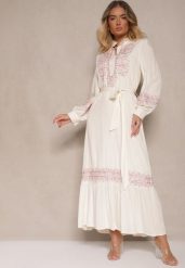 Jasnobeżowa Wiskozowa Sukienka Boho o Rozkloszowanym Kroju ze Stójką i Haftem Kolessaria. Brązowe sukienki Renee, na co dzień, m, z aplikacjami, z poliesteru, boho, bez kołnierzyka, bez ramiączek, maxi, rozkloszowane. Za 199.99 zł.