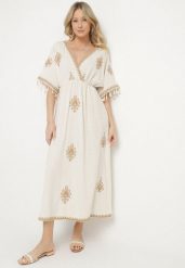 Beżowa Wiskozowa Sukienka z Lnem o Kopertowym Kroju z Wiązaniem i Haftem Desarose. Brązowe sukienki Born2be, na co dzień, m, bez wzorów, z bawełny, eleganckie, bez kołnierzyka, bez ramiączek, midi, kopertowe. Za 179.99 zł.