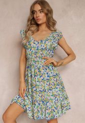 Zielono-Granatowa Bawełniana Sukienka Mini z Gumką w Talii w Kwiaty Ariellia. Zielone sukienki Renee, na imprezę, na lato, l, bez wzorów, z bawełny, bez kołnierzyka, bez ramiączek, mini, rozkloszowane. Za 39.99 zł.