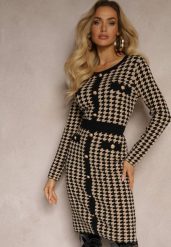 Czarno-Beżowa Sweterkowa Sukienka z Wiskozą w Pipetkę w Eleganckim Stylu Delassea. Czarne sukienki Renee, na jesień, s, bez wzorów, z dzianiny, eleganckie, bez kołnierzyka, bez ramiączek. Za 99.99 zł.