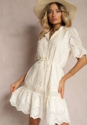 Jasnobeżowa Sukienka Boho z Bawełny Ozdobiona Ażurowym Wzorem Falbaną i Przewiązana Paskiem Nelah. Brązowe sukienki Renee, na co dzień, l, w ażurowe wzory, z bawełny, boho, bez kołnierzyka, bez ramiączek, midi, proste. Za 189.99 zł.