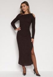 Brązowa Dopasowana Sukienka z Metaliczną Ozdobą na Ramieniu Reilara. Brązowe sukienki Born2be, uniwersalny, z aplikacjami, eleganckie, bez kołnierzyka, bez ramiączek, maxi, dopasowane. Za 129.99 zł.
