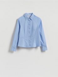 Koszula slim fit w paski - jasnoniebieski. Niebieskie koszule Reserved, l, bez wzorów, z bawełny, bez kołnierzyka, bez ramiączek. Za 89.99 zł.