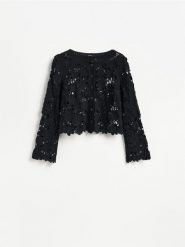 Crochetowy kardigan - czarny. Czarne kardigany Reserved, l, bez wzorów, z bawełny. Za 119.99 zł.