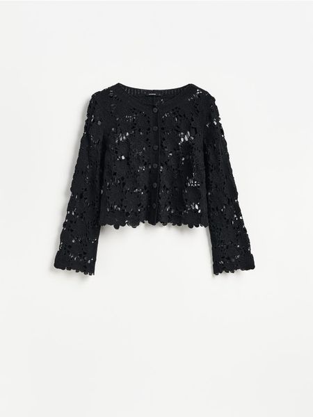 Crochetowy kardigan - czarny. Czarne kardigany Reserved, l, bez wzorów, z bawełny. Za 119.99 zł.