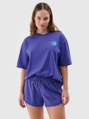 4F T-shirt oversize z nadrukiem damski - fioletowy S. Fioletowe t-shirty 4f, s, bez wzorów, z bawełny, bez kołnierzyka, bez ramiączek. W wyprzedaży za 29.99 zł.