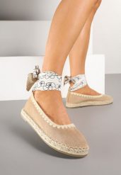 Ciemnobeżowe Espadryle ze Wzorzystym Wiązaniem Przy Kostce Zdobione Plecionką Lortevia. Brązowe espadryle Renee, z aplikacjami, z zamszu, bez obcasa, na obcasie, bez zapięcia. Za 59.99 zł.