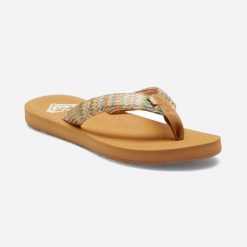 Japonki damskie Roxy Porto Raffia. Brązowe klapki Roxy, bez wzorów, z bawełny, bez obcasa. Za 139.99 zł.