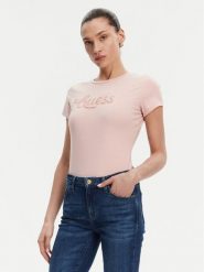 Guess T-Shirt W5GI47 KA0Q1 Różowy Slim Fit. Czerwone t-shirty Guess, m, z aplikacjami, z bawełny, bez kołnierzyka, bez ramiączek. Za 159.99 zł.