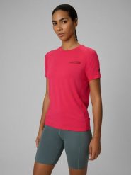 4F Koszulka trekkingowa regular szybkoschnąca damska - różowa S. Czerwone bluzki 4f, l, bez wzorów, z tkaniny, biznesowe, bez kołnierzyka, bez ramiączek. Za 119.99 zł.