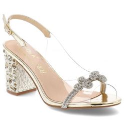 Sandały damskie S. Barski, na wysokim słupku transparentne z ozdobami i ze sprzączką, złote, MR51-705. Żółte sandały S.BARSKI, bez wzorów, bez obcasa, na obcasie, bez zapięcia. Za 169.99 zł.