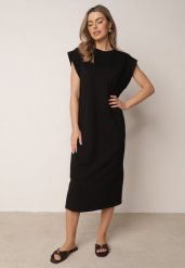 Czarna Sukienka Pudełkowa w Stylu T-shirtowym Zanisea. Czarne sukienki Born2be, na co dzień, bez wzorów, z materiału, bez kołnierzyka, bez ramiączek, midi, dopasowane. Za 89.99 zł.