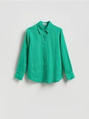 Lniana koszula - zielony. Zielone koszule Reserved, l, bez wzorów, z tkaniny, bez kołnierzyka, bez ramiączek. Za 149.99 zł.