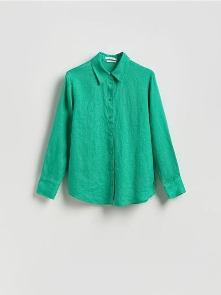 Lniana koszula - zielony. Zielone koszule Reserved, l, bez wzorów, z tkaniny, bez kołnierzyka, bez ramiączek. Za 129.99 zł.
