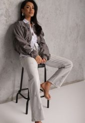 Jasnoszare Proste Jeansy z Bawełną High Waist Ozdobione Przetarciami Vimareas. Szare jeansy Renee, l, bez wzorów, z podwyższonym stanem. Za 129.99 zł.