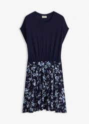 Sukienka z dżerseju z mieszanki wiskozy. Niebieskie sukienki bonprix, bez wzorów, z dżerseju, bez kołnierzyka, bez ramiączek, mini. Za 129.99 zł.