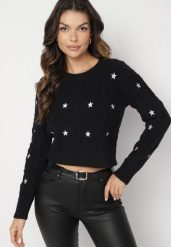 Czarny Sweter z Dodatkiem Wiskozy z Ozdobnym Splotem w Gwiazdki Ivilna. Czarne swetry Born2be, m, bez wzorów, z jeansu, bez ramiączek. Za 99.99 zł.