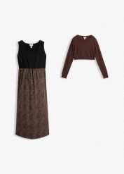 Zestaw 3 w 1: sukienka i sweter z funkcją karmienia (2 części). Brązowe sukienki bonprix, bez wzorów, bez kołnierzyka, bez ramiączek. Za 209.99 zł.
