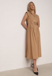 Beżowa Koszulowa Sukienka Bez Rękawów z Wiskozy i Bawełny z Paskiem Suranon. Brązowe sukienki Born2be, na co dzień, na lato, m, bez wzorów, z bawełny, eleganckie, bez kołnierzyka, bez ramiączek, koszulowe. Za 179.99 zł.