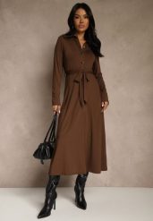 Brązowa Długa Sukienka Koszulowa z Wiązaniem w Talii Levae. Brązowe sukienki Renee, do pracy, l, bez wzorów, z wiskozy, biznesowe, bez kołnierzyka, bez ramiączek, maxi, koszulowe. Za 169.99 zł.
