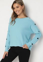 Jasnoniebieski Sweter z Dodatkiem Bawełny i Wiskozy z Guzikami na Rękawach Ciasine. Niebieskie swetry Born2be, plus size, bez wzorów, z bawełny, bez ramiączek. Za 74.99 zł.