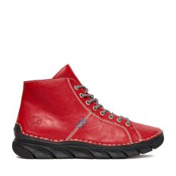 Botki Rieker. Czerwone botki Rieker, bez wzorów, bez obcasa, na płaskiej podeszwie, bez zapięcia. Za 339.99 zł.