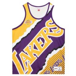 Sublimowana koszulka Lakers jumbotron 2.0. Fioletowe bluzki Mitchell & Ness, bez wzorów, sportowe, bez kołnierzyka, bez ramiączek. Za 318.00 zł.