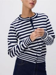 Kardigan w paski - granatowy. Niebieskie kardigany Reserved, l, bez wzorów, z bawełny. Za 119.99 zł.