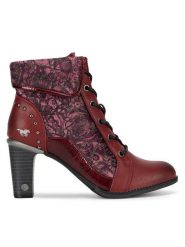 Mustang Botki 1335-506 Czerwony. Czerwone botki Mustang, bez wzorów, z materiału, bez obcasa, na słupku, bez zapięcia. Za 258.99 zł.