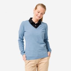 Sweter do golfa damski Inesis MW100 dekolt w serek. Niebieskie golfy INESIS, l, bez wzorów, z bawełny, bez ramiączek. Za 69.99 zł.