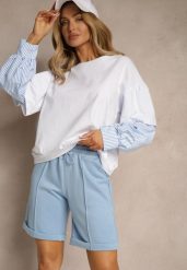 Jasnoniebieskie Casualowe Szorty High Waist z Kieszeniami Wykończone Gumką Shezetta. Niebieskie szorty Renee, bez wzorów, z materiału, klasyczne, z podwyższonym stanem. Za 39.99 zł.