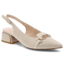 Sandały damskie S.Barski, ze skóry naturalnej z elegancką złotą ozdobą i stabilnym obcasem, beżowe, CR61-3015. Brązowe sandały S.BARSKI, z aplikacjami, z materiału, eleganckie, bez obcasa, na obcasie, bez zapięcia. Za 299.00 zł.