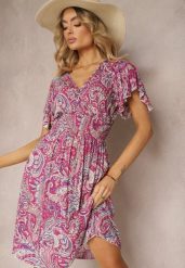 Fuksjowa Rozkloszowana Sukienka z Wiskozy z Trójkątnym Dekoltem i Gumką w Pasie Grilemia. Czerwone sukienki Renee, l, bez wzorów, z wiskozy, bez kołnierzyka, bez ramiączek, midi, rozkloszowane. Za 49.99 zł.