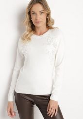 Biały Sweter z Koronkowymi Wstawkami z Bawełną Deriera. Białe swetry Born2be, m, z aplikacjami, z bawełny, bez ramiączek. Za 49.99 zł.