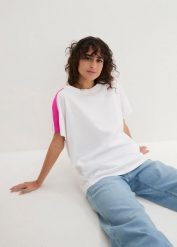 T-shirt z neonowymi paskami. Czarne t-shirty bonprix, z aplikacjami, bez kołnierzyka, bez ramiączek. Za 54.99 zł.