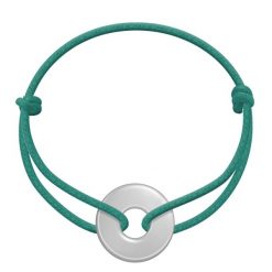 Bransoletka ze srebrnym krążkiem na grubym sznurku w kolorze morskiej zieleni. Zielone bransoletki Lilou, srebrne. Za 189.00 zł.