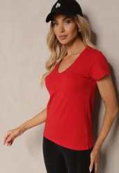 Czerwony T-shirt Saviraet. Czerwone t-shirty Renee, l, bez wzorów, bez kołnierzyka, bez ramiączek. W wyprzedaży za 44.99 zł.