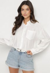 Biała Wiskozowa Koszula Ozdobiona Kieszonką Dovesse. Białe koszule Born2be, m, bez wzorów, z jeansu, eleganckie, bez kołnierzyka, bez ramiączek. Za 69.99 zł.