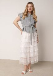 Jasnoniebieski Komplet z Bawełny i Wiskozy Spódnica z Falbanami i Koszula Bez Rękawów Callirane. Niebieskie koszule Born2be, m, bez wzorów, z bawełny, eleganckie, bez kołnierzyka, bez ramiączek. Za 309.99 zł.