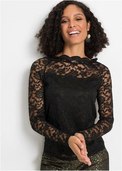 Koronkowa bluzka z długim rękawem. Czerwone bluzki bonprix, bez wzorów, z koronki, bez kołnierzyka, bez ramiączek. Za 122.99 zł.