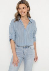 Niebieska Koszula Bawełniana w Paski z Kieszonką Lialune. Niebieskie koszule Born2be, m, bez wzorów, z bawełny, eleganckie, bez kołnierzyka, bez ramiączek. Za 69.99 zł.