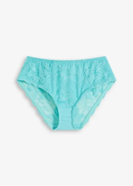 Figi maxi z delikatną koronką. Niebieskie figi bonprix, bez wzorów, z koronki. Za 42.99 zł.