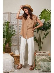 Lin Passion Lniana koszulka w kolorze jasnobrązowym rozmiar: 38/40. Brązowe bluzki Lin Passion, bez wzorów, ze lnu, klasyczne, bez kołnierzyka, bez ramiączek. Za 121.99 zł.