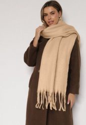 Beżowy Szalik z Frędzlami Owedarria. Brązowe szaliki Born2be, bez wzorów, z dresówki, eleganckie. Za 44.99 zł.